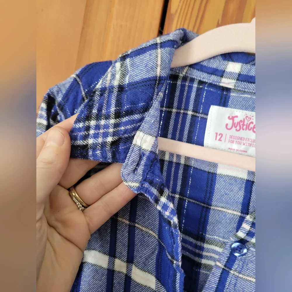 NWOT Justice Girls Blue White Black Pink Plaid Button-Up Shirt 12 Embellished